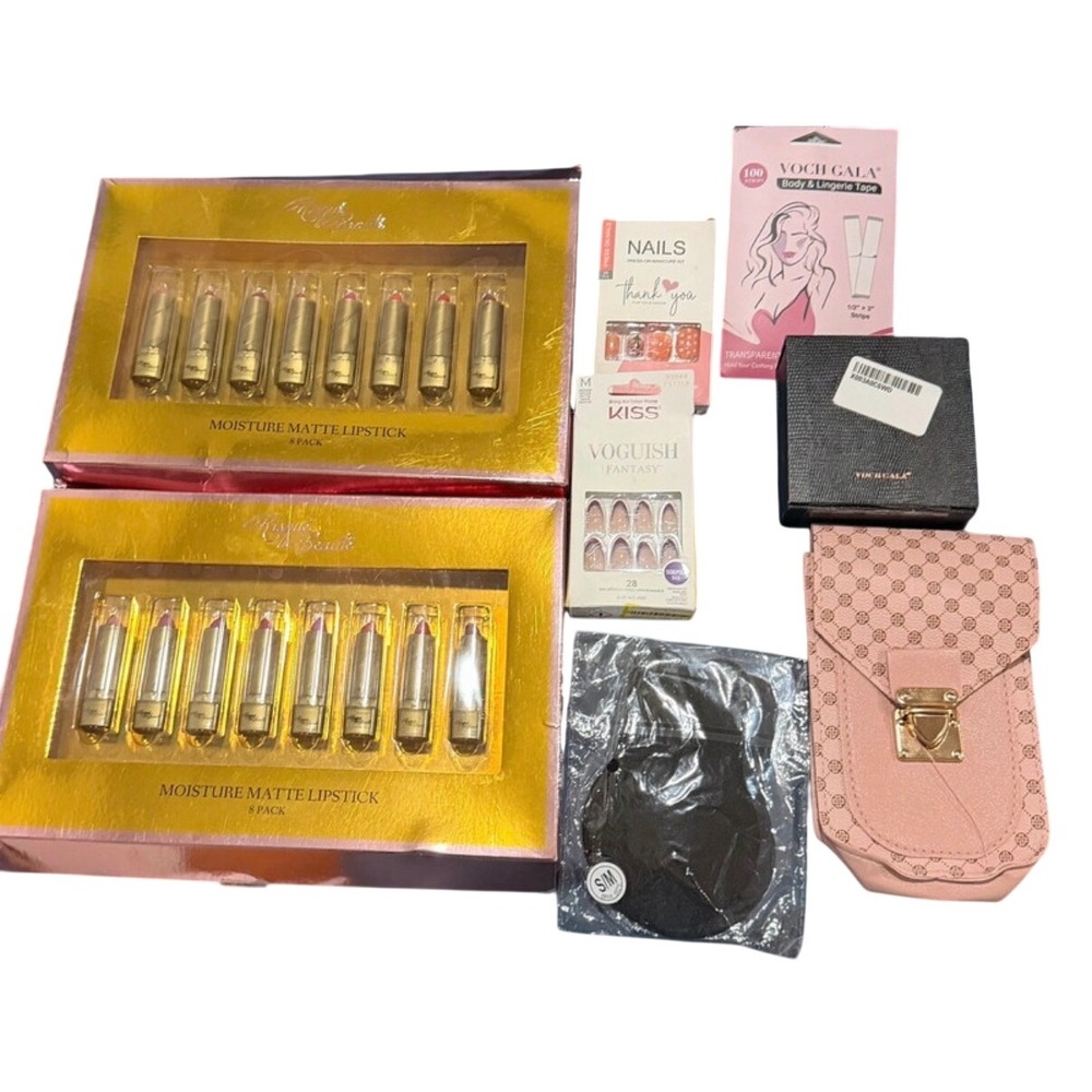Beauty Bundle KISS Nails Risque Beaute Matte Lipstick Lingerie Tape Phone Pouch